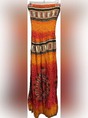 Artisan orange batik convertible ruched bodice dress maxi skirt S